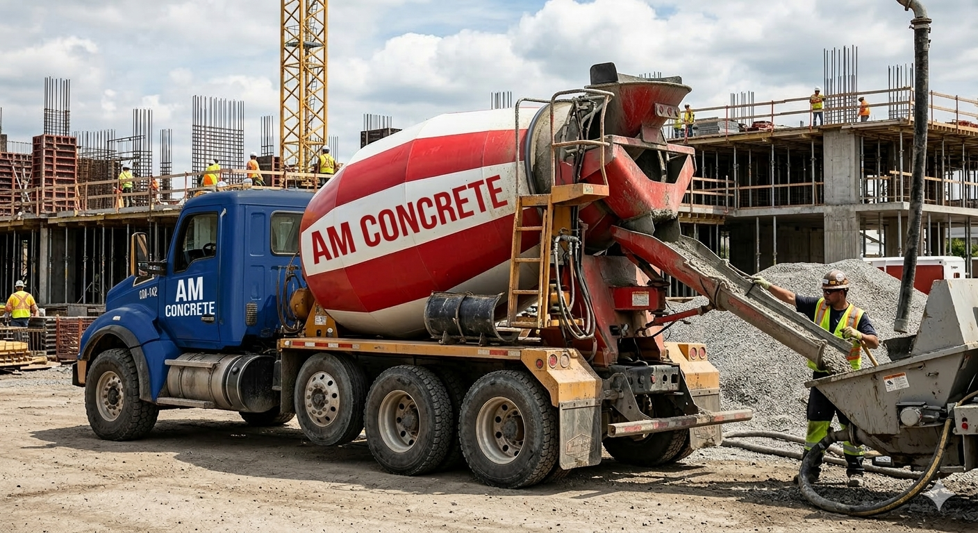 AM CONCRETE Indian Mixer Truck at Bengaluru construction site